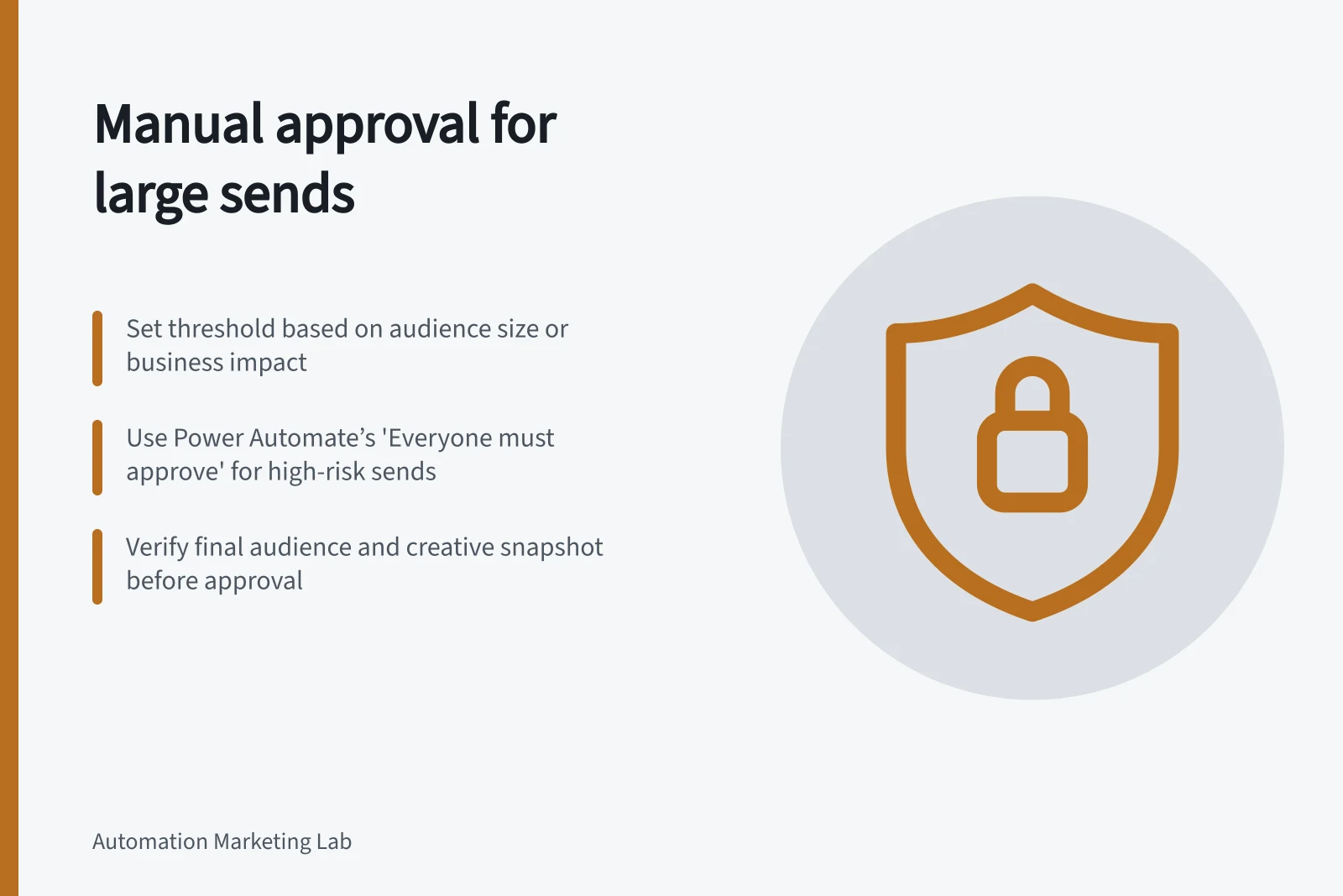 Manual approval for large sends: Set threshold based on audience size or business impact; Use Power Automate’s 'Everyone must approve' for high-risk sends; Verify final audience and creative snapshot before approval