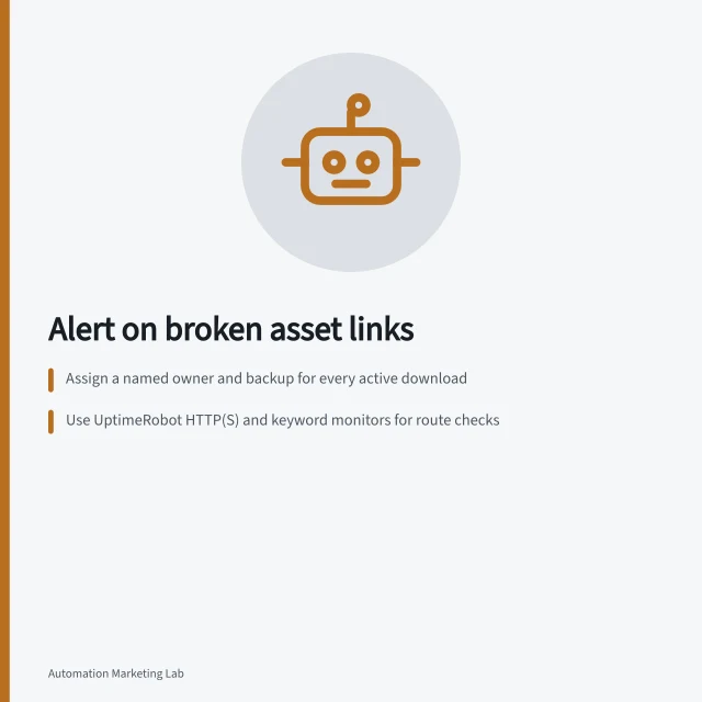Alert on broken asset links: Assign a named owner and backup for every active download; Use UptimeRobot HTTP(S) and keyword monitors for route checks; Define failure as missing file, access denied, wrong version, or empty content. Alerting an owner when an asset link stops working