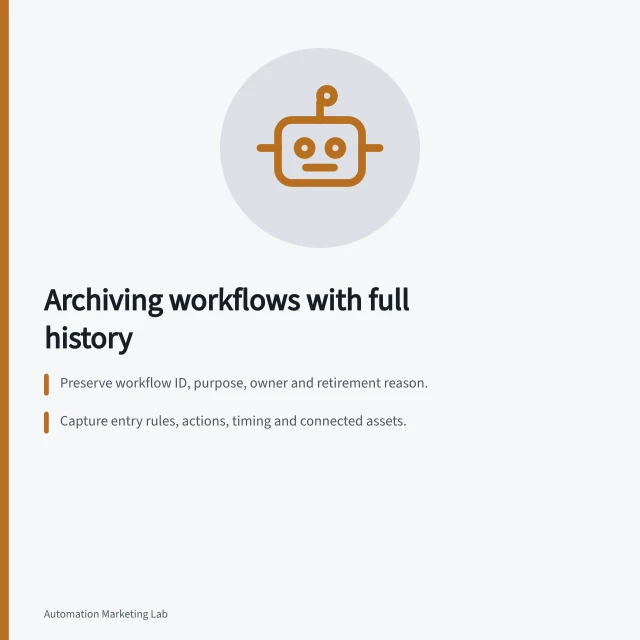 Archiving workflows with full history: Preserve workflow ID, purpose, owner and retirement reason.; Capture entry rules, actions, timing and connected assets.; Keep evidence of affected records, failures and unresolved outcomes. Archiving a workflow without losing its history