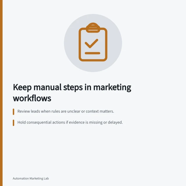 Keep manual steps in marketing workflows: Review leads when rules are unclear or context matters.; Hold consequential actions if evidence is missing or delayed.; Set timeouts and default outcomes for unresolved manual reviews. Choosing what should remain manual in a marketing workflow