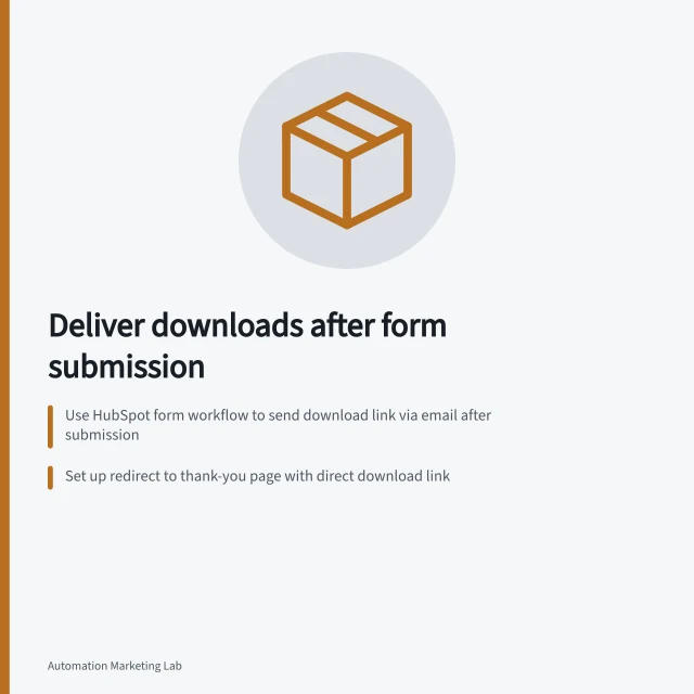 Deliver downloads after form submission: Use HubSpot form workflow to send download link via email after submission; Set up redirect to thank-you page with direct download link; Repeat submissions re-enrol contacts and trigger action again. Delivering a requested download after form submission