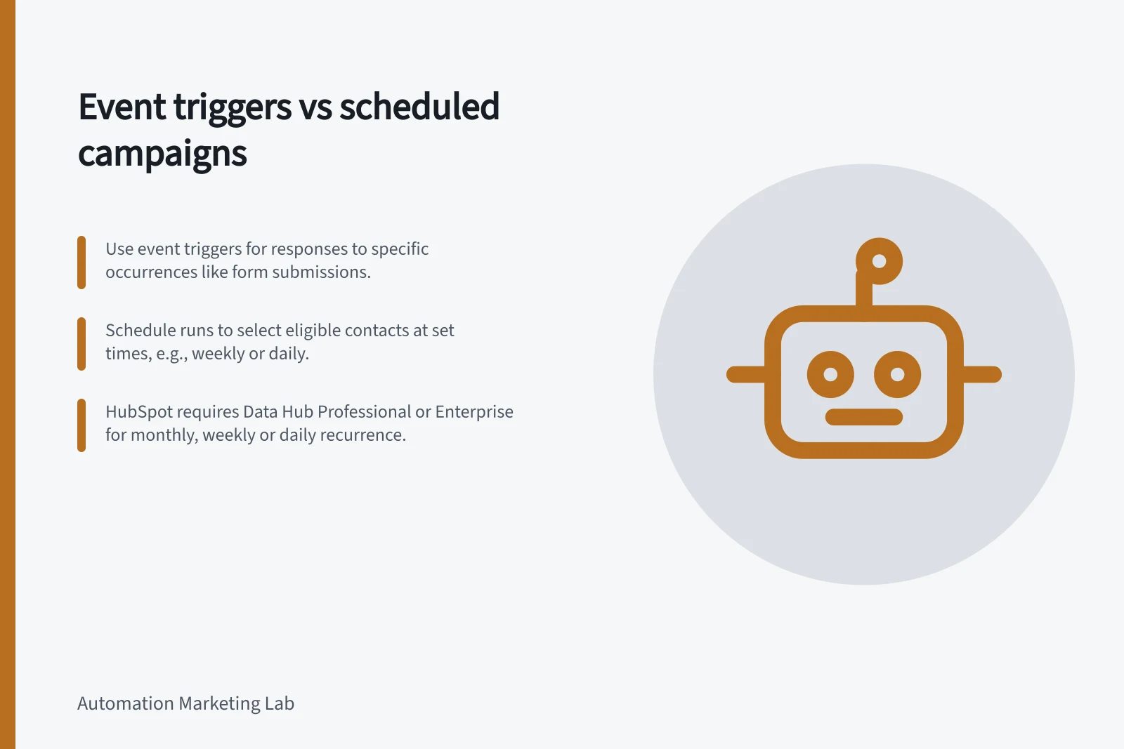 Event triggers vs scheduled campaigns: Use event triggers for responses to specific occurrences like form submissions.; Schedule runs to select eligible contacts at set times, e.g., weekly or daily.; HubSpot requires Data Hub Professional or Enterprise for monthly, weekly or daily recurrence.