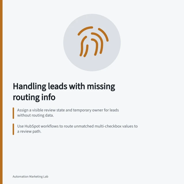 Handling leads with missing routing info: Assign a visible review state and temporary owner for leads without routing data.; Use HubSpot workflows to route unmatched multi-checkbox values to a review path.; Check if another owner has already acted before reassigning a lead. Handling leads with missing routing information