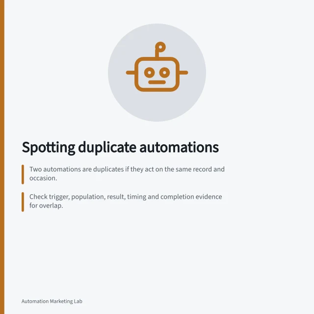 Spotting duplicate automations: Two automations are duplicates if they act on the same record and occasion.; Check trigger, population, result, timing and completion evidence for overlap.; Keep only one if both routes produce identical outcomes for the same campaign event. Identifying automations that perform the same job