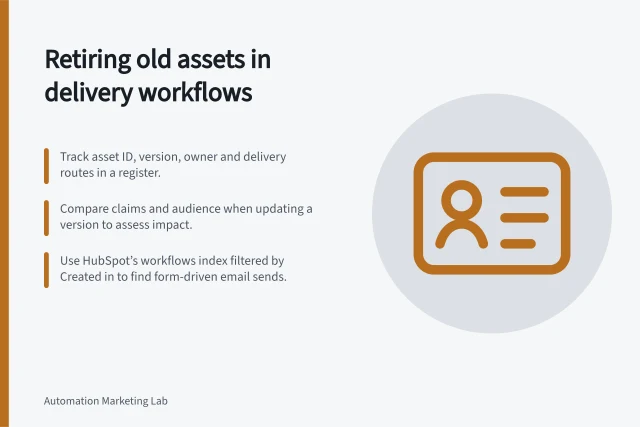 Retiring old assets in delivery workflows: Track asset ID, version, owner and delivery routes in a register.; Compare claims and audience when updating a version to assess impact.; Use HubSpot’s workflows index filtered by Created in to find form-driven email sends. Keeping versioned assets out of old delivery workflows