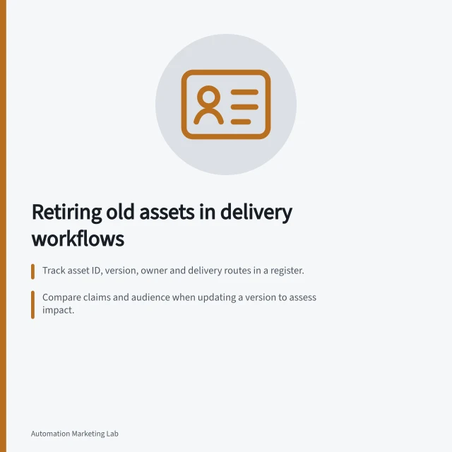 Retiring old assets in delivery workflows: Track asset ID, version, owner and delivery routes in a register.; Compare claims and audience when updating a version to assess impact.; Use HubSpot’s workflows index filtered by Created in to find form-driven email sends. Keeping versioned assets out of old delivery workflows
