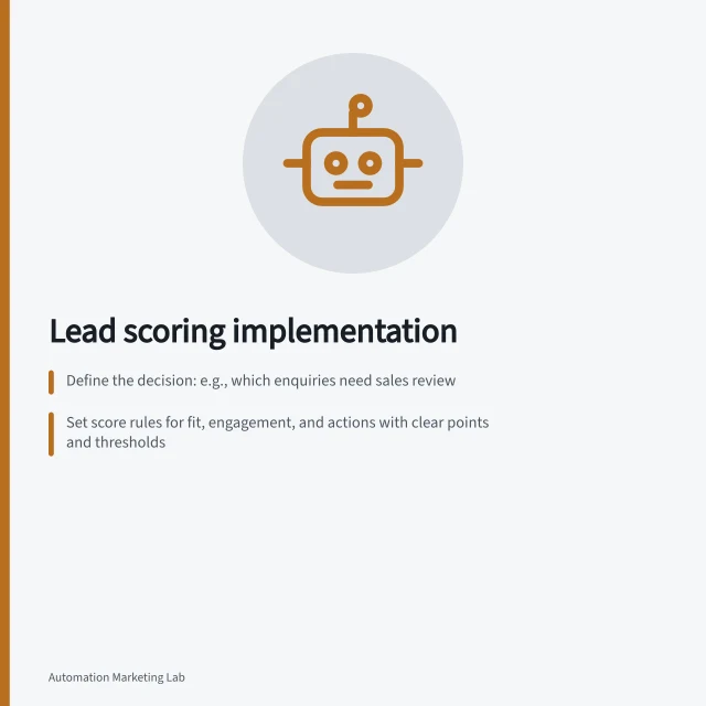 Lead scoring implementation: Define the decision: e.g., which enquiries need sales review; Set score rules for fit, engagement, and actions with clear points and thresholds; Use HubSpot’s Marketing or Sales Hub with required permissions to configure scores. Lead scoring implementation