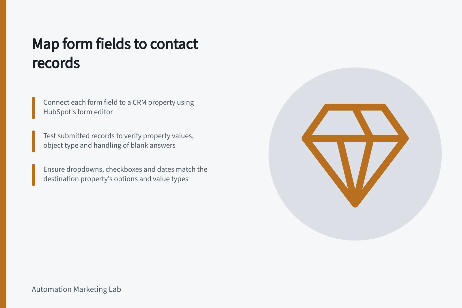 Map form fields to contact records: Connect each form field to a CRM property using HubSpot's form editor; Test submitted records to verify property values, object type and handling of blank answers; Ensure dropdowns, checkboxes and dates match the destination property’s options and value types