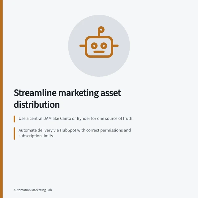 Streamline marketing asset distribution: Use a central DAM like Canto or Bynder for one source of truth.; Automate delivery via HubSpot with correct permissions and subscription limits.; Assign clear ownership, version control and regional contacts for global reach. Marketing asset distribution workflows