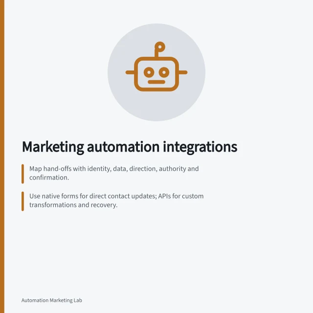 Marketing automation integrations: Map hand-offs with identity, data, direction, authority and confirmation.; Use native forms for direct contact updates; APIs for custom transformations and recovery.; Check field-type compatibility: text-to-text, number-to-number, checkbox-to-Boolean only. Marketing automation integrations
