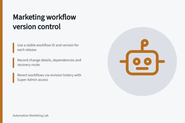 Marketing workflow version control: Use a stable workflow ID and version for each release; Record change details, dependencies and recovery route; Revert workflows via revision history with Super Admin access. Marketing workflow version control