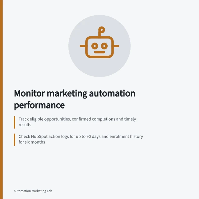 Monitor marketing automation performance: Track eligible opportunities, confirmed completions and timely results; Check HubSpot action logs for up to 90 days and enrolment history for six months; Verify access permissions before reviewing workflow data. Monitoring marketing automation performance