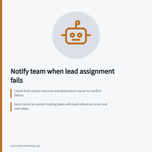 Notify team when lead assignment fails: Check both action outcome and destination owner to confirm failure.; Send notice to named routing team with lead reference, error and next steps.; Retain lead in exception list until ownership is confirmed or reviewed. Notifying a team when lead assignment fails
