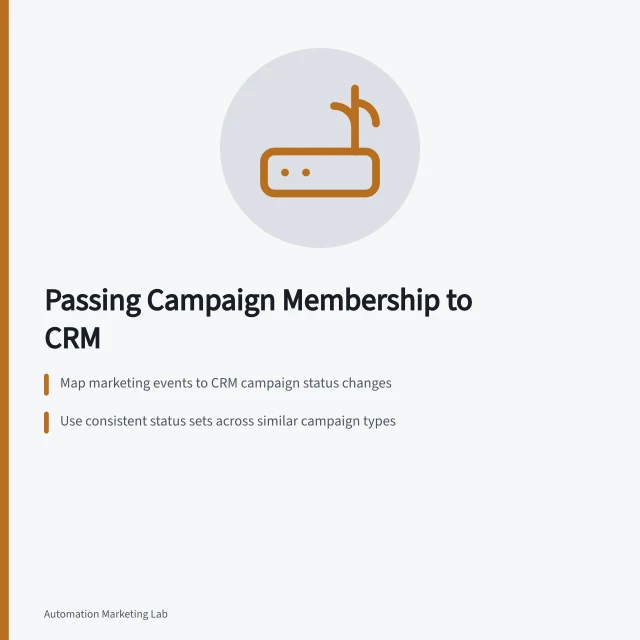 Passing Campaign Membership to CRM: Map marketing events to CRM campaign status changes; Use consistent status sets across similar campaign types; Verify CRM result by checking member record and response settings. Passing campaign membership and statuses into Salesforce