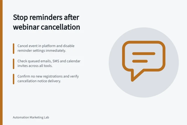 Stop reminders after webinar cancellation: Cancel event in platform and disable reminder settings immediately.; Check queued emails, SMS and calendar invites across all tools.; Confirm no new registrations and verify cancellation notice delivery. Preventing reminders after a webinar is cancelled