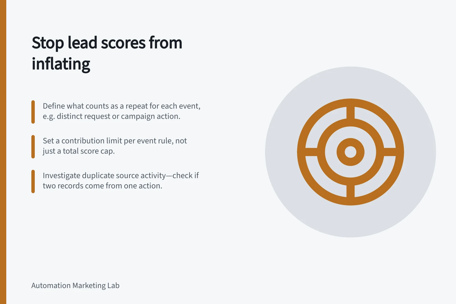 Stop lead scores from inflating: Define what counts as a repeat for each event, e.g. distinct request or campaign action.; Set a contribution limit per event rule, not just a total score cap.; Investigate duplicate source activity—check if two records come from one action.