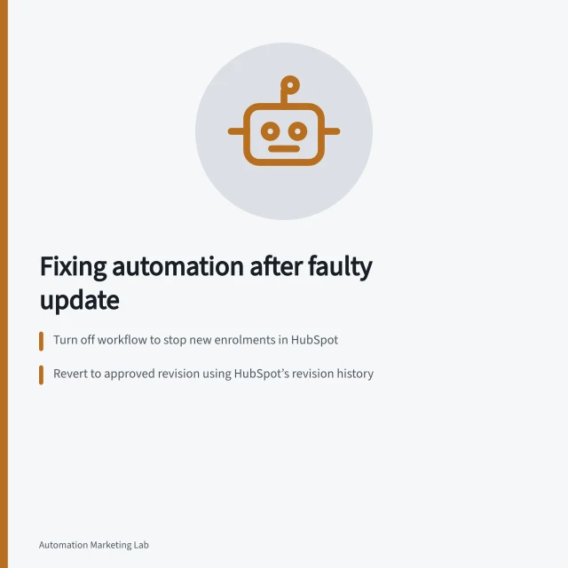 Fixing automation after faulty update: Turn off workflow to stop new enrolments in HubSpot; Revert to approved revision using HubSpot’s revision history; Check action logs and destination systems for affected records. Rolling back an automation after a faulty update
