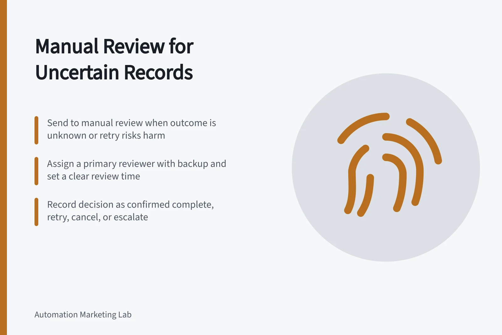 Manual Review for Uncertain Records: Send to manual review when outcome is unknown or retry risks harm; Assign a primary reviewer with backup and set a clear review time; Record decision as confirmed complete, retry, cancel, or escalate