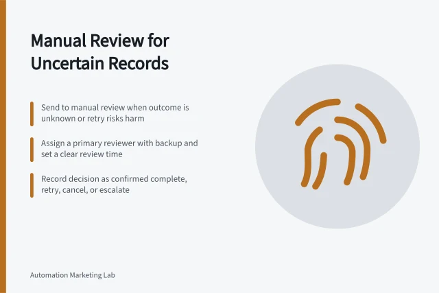Manual Review for Uncertain Records: Send to manual review when outcome is unknown or retry risks harm; Assign a primary reviewer with backup and set a clear review time; Record decision as confirmed complete, retry, cancel, or escalate. Sending uncertain records to a manual review queue
