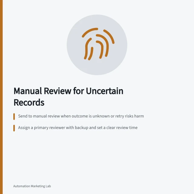 Manual Review for Uncertain Records: Send to manual review when outcome is unknown or retry risks harm; Assign a primary reviewer with backup and set a clear review time; Record decision as confirmed complete, retry, cancel, or escalate. Sending uncertain records to a manual review queue