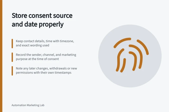 Store consent source and date properly: Keep contact details, time with timezone, and exact wording used; Record the sender, channel, and marketing purpose at the time of consent; Note any later changes, withdrawals or new permissions with their own timestamps. Storing the source and date of a marketing permission
