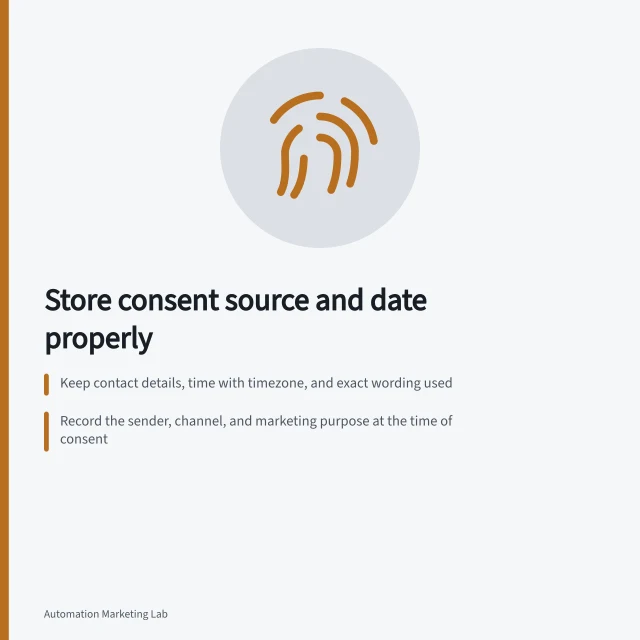 Store consent source and date properly: Keep contact details, time with timezone, and exact wording used; Record the sender, channel, and marketing purpose at the time of consent; Note any later changes, withdrawals or new permissions with their own timestamps. Storing the source and date of a marketing permission