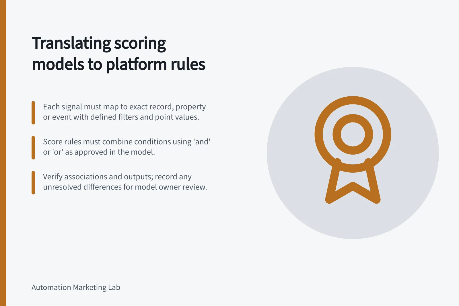 Translating scoring models to platform rules: Each signal must map to exact record, property or event with defined filters and point values.; Score rules must combine conditions using 'and' or 'or' as approved in the model.; Verify associations and outputs; record any unresolved differences for model owner review.