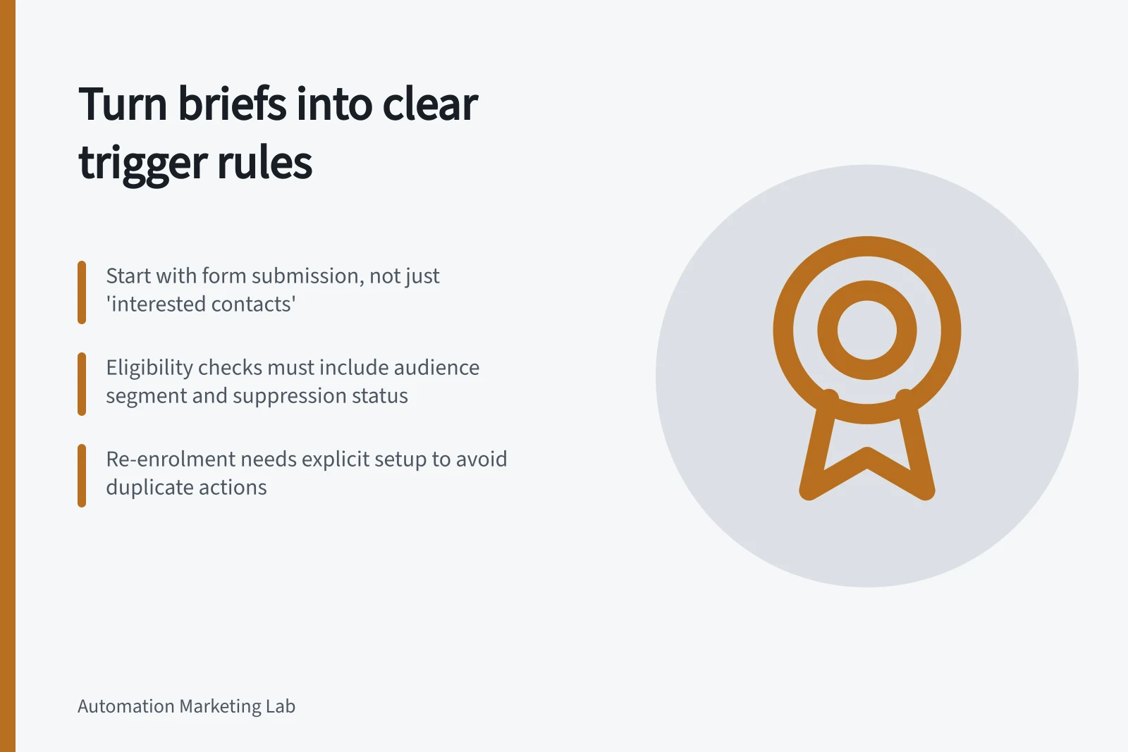 Turn briefs into clear trigger rules: Start with form submission, not just 'interested contacts'; Eligibility checks must include audience segment and suppression status; Re-enrolment needs explicit setup to avoid duplicate actions