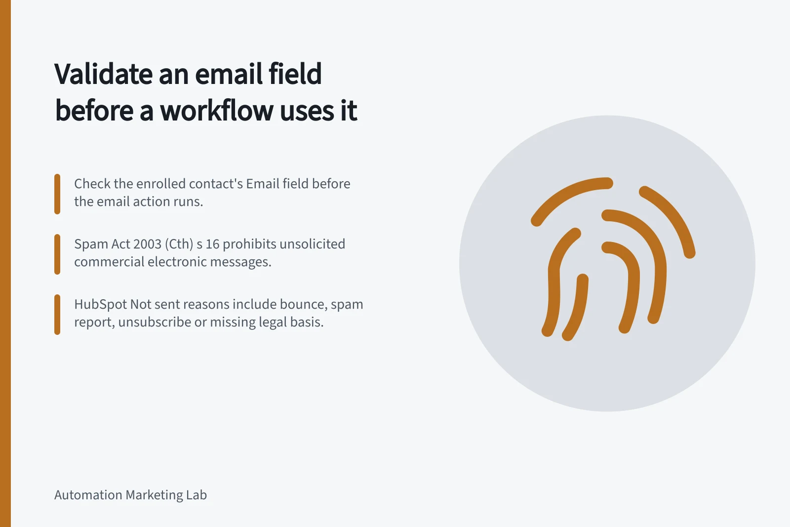 Validate an email field before a workflow uses it: Check the enrolled contact's Email field before the email action runs.; Spam Act 2003 (Cth) s 16 prohibits unsolicited commercial electronic messages.; HubSpot Not sent reasons include bounce, spam report, unsubscribe or missing legal basis.